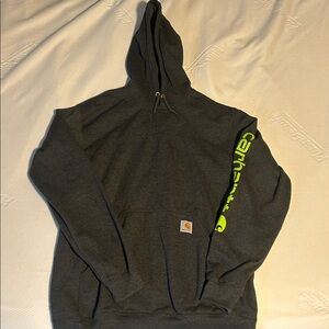 Carhartt Charcoal Hoodie with Neon Green Sleeve Logo